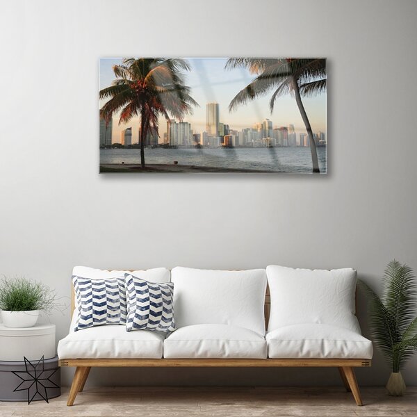 Quadro su vetro Palme Città tropicale Mare 100x50 cm 2 appendini