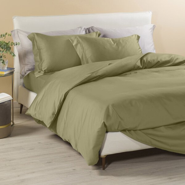 Completo Copripiumino In Raso Di Cotone Raso Matrimoniale Dreaming Tinta Unita Green Caleffi