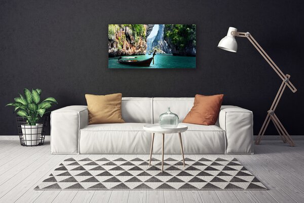 Quadro su tela Paesaggio della roccia del lago della barca 100x50 cm