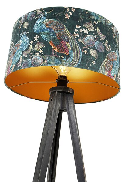 Lampada da terra treppiede nera con paralume pavone 50 cm - Tripod Classic