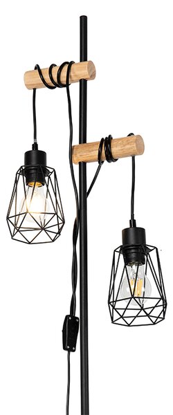 Lampada da terra rustica nera con legno 2 luci con paralume - Dami Frame