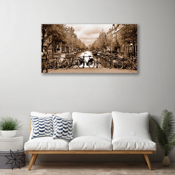 Foto quadro su tela Paesaggio degli alberi della bicicletta del fiume 100x50 cm