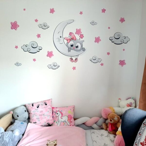 Adesivo per la camera dei bambini - Gufetto grigio-rosa