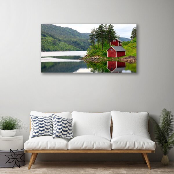 Quadro su tela Paesaggio del lago di montagna della casa 100x50 cm