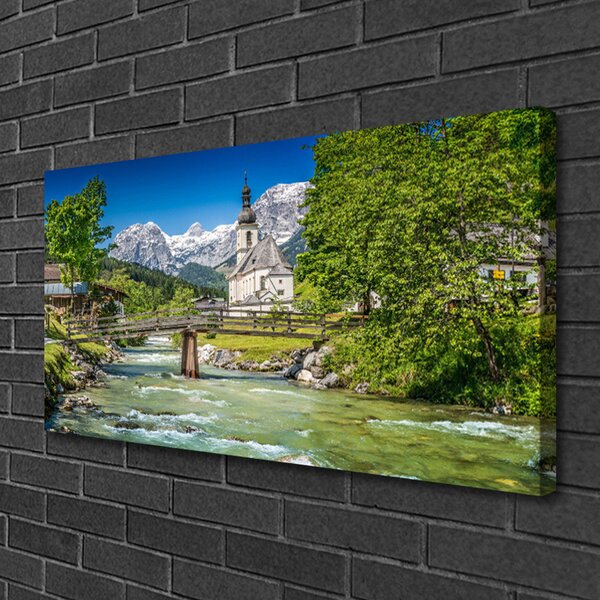 Stampa quadro su tela Ponte Chiesa Lago Natura 100x50 cm