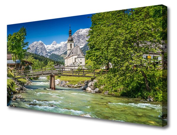 Stampa quadro su tela Ponte Chiesa Lago Natura 100x50 cm