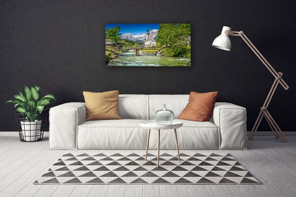 Stampa quadro su tela Ponte Chiesa Lago Natura 100x50 cm