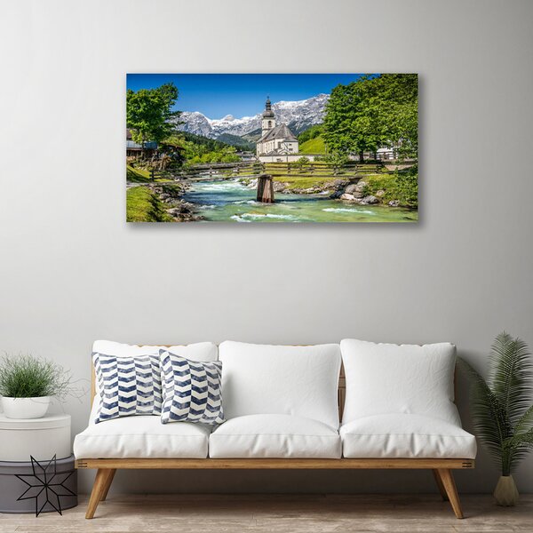 Quadro su tela Ponte Chiesa Lago Natura 100x50 cm