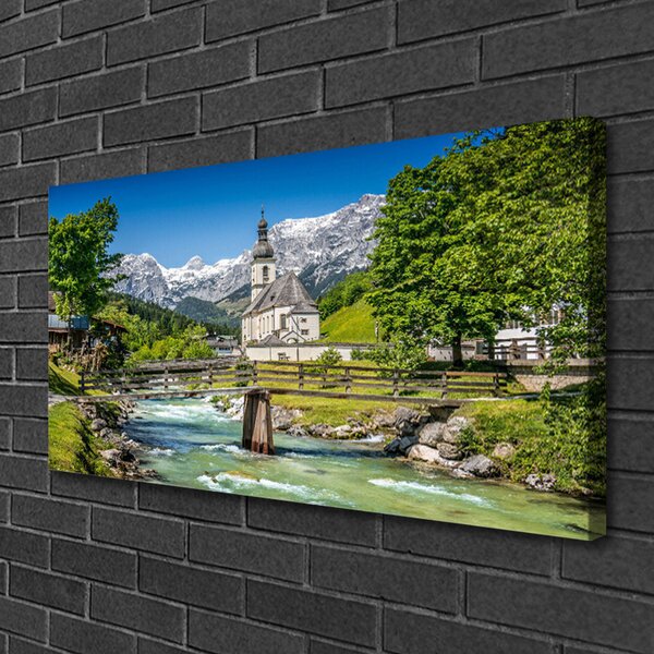 Quadro su tela Ponte Chiesa Lago Natura 100x50 cm