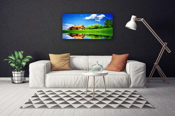 Stampa quadro su tela Casa Lago Erba Natura 100x50 cm