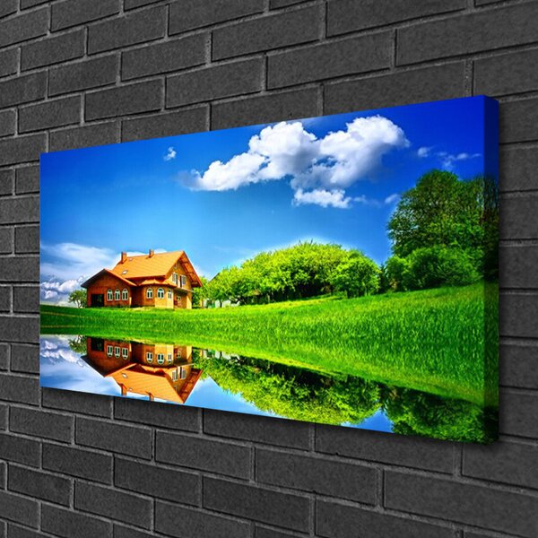 Stampa quadro su tela Casa Lago Erba Natura 100x50 cm