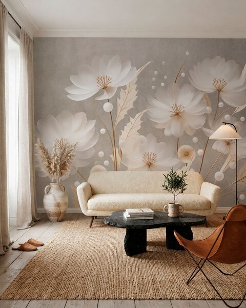 Carta da parati Grandi fiori bianchi con foglie decorative su uno sfondo grigio, Carta da parati Floreale, w05857 : Uwalls.it
