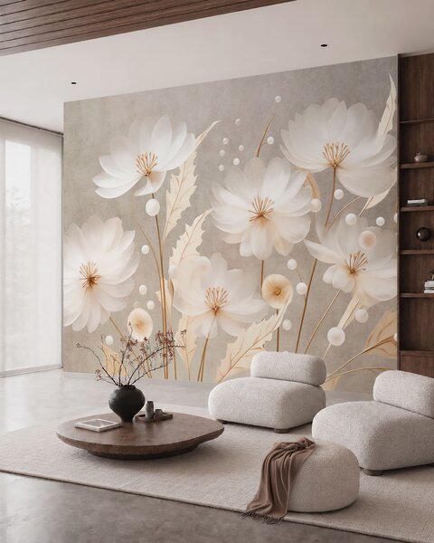 Carta da parati Grandi fiori bianchi con foglie decorative su uno sfondo grigio, Carta da parati Floreale, w05857 : Uwalls.it