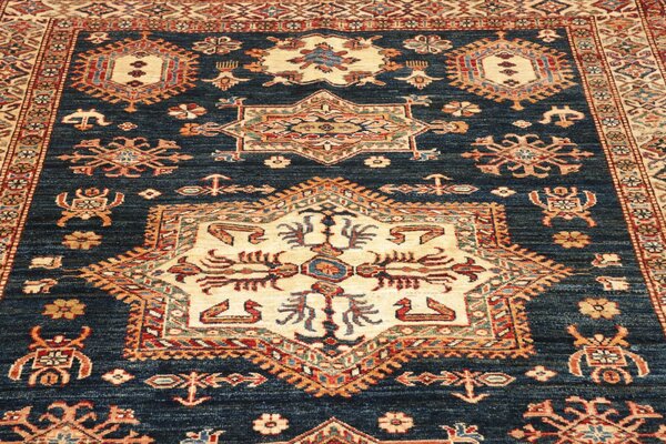 Kazak Fine Pakistan Cornice Blu Profondo Crema 146x207 cm