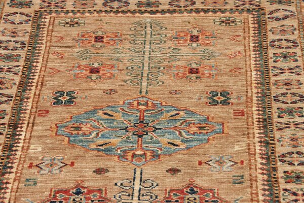 Kazak Fine Pakistan Cornice Sabbia Beige Blu Cielo Rosso Mattone Verde Acqua Marrone Scuro Crema Arancio 81x256 Cm