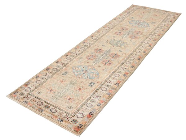 Kazak Fine Pakistan Cornice Sabbia Beige Blu Cielo Rosso Mattone Verde Acqua Marrone Scuro Crema Arancio 81x256 Cm