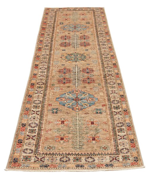Kazak Fine Pakistan Cornice Sabbia Beige Blu Cielo Rosso Mattone Verde Acqua Marrone Scuro Crema Arancio 81x256 Cm