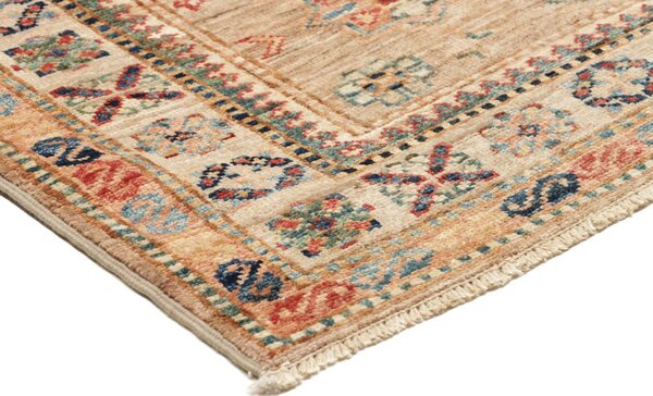 Kazak Fine Pakistan Cornice Sabbia Beige Blu Cielo Rosso Mattone Verde Acqua Marrone Scuro Crema Arancio 81x256 Cm