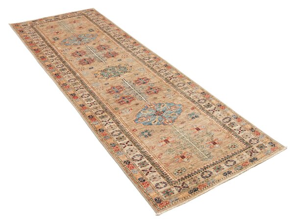 Kazak Fine Pakistan Cornice Sabbia Beige Blu Cielo Rosso Mattone Verde Acqua Marrone Scuro Crema Arancio 81x256 Cm