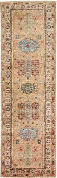 Kazak Fine Pakistan Cornice Sabbia Beige Blu Cielo Rosso Mattone Verde Acqua Marrone Scuro Crema Arancio 81x256 Cm