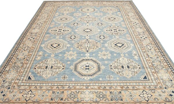 Kazak Fine Pakistan Cornice Blu Cielo Crema Beige Blu Scuro Marrone 249x340 Cm