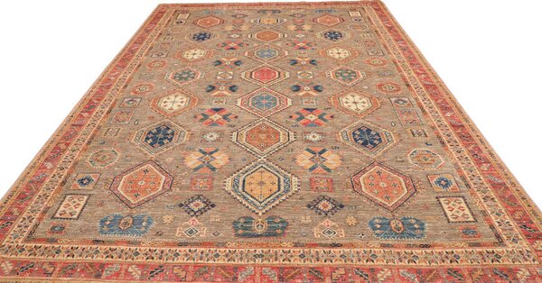 Tribal Pakistan Cornice Grigio Tortora Rosso Terracotta Blu Zaffiro Giallo Ocra 277x370 Cm