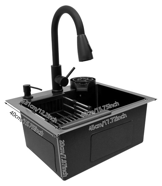 Lavello da cucina, rubinetto estraibile, pulisci bicchieri, nero