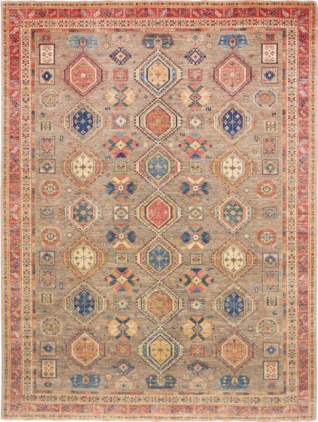 Tribal Pakistan Cornice Grigio Tortora Rosso Terracotta Blu Zaffiro Giallo Ocra 277x370 Cm