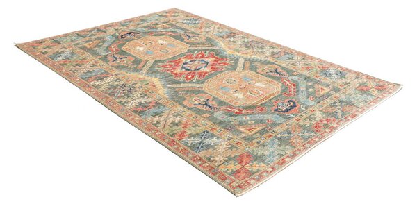 Kazak Fine Pakistan Cornice Smeraldo Terracotta Rosso Mattone Azzurro Ocra Beige 167x235 Cm