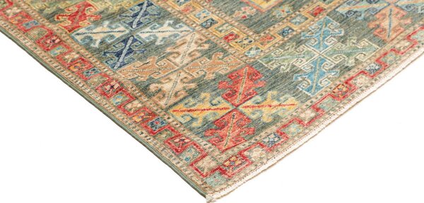 Kazak Fine Pakistan Cornice Smeraldo Terracotta Rosso Mattone Azzurro Ocra Beige 167x235 Cm