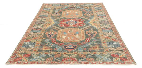 Kazak Fine Pakistan Cornice Smeraldo Terracotta Rosso Mattone Azzurro Ocra Beige 167x235 Cm
