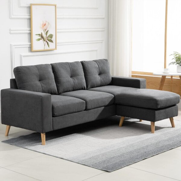 HOMCOM Divano Angolare 3 Posti con Penisola Reversibile in Tessuto Effetto Lino Grigio, 193x136x85 cm|Aosom