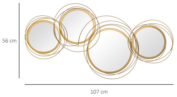 HOMCOM Decorazione Murale 3D in Metallo, Wall Art a Cerchi con Specchi 107x56cm, Oro|Aosom
