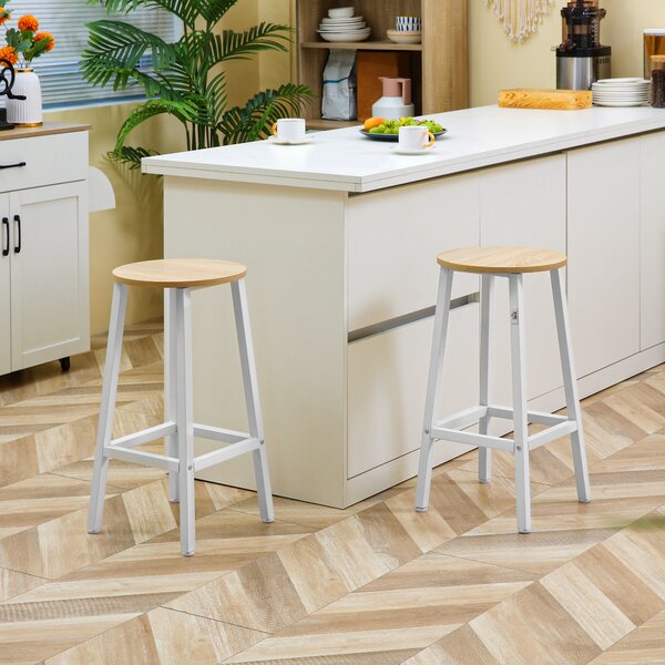 HOMCOM Set 2 Sgabelli da Cucina in Truciolato e Acciaio con Piano Liscio e Poggiapiedi, 32.5x32.5x65 cm, Bianco e Legno|Aosom