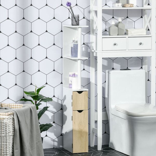 Kleankin Colonna Bagno con 2 Ripiani e 2 Armadietti, Mobile Alto Salvaspazio 15.2x29.8x118cm, Bianco e Legno|Aosom