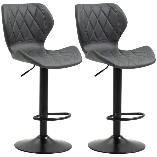 HOMCOM Set 2 Sgabelli Alti da Bar e Cucina in Similpelle, Altezza Regolabile, Schienale, Poggiapiedi e Ampia Base Tonda in Metallo, Grigio | Aosom