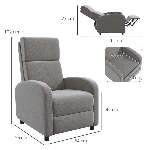 HOMCOM Poltrona Relax Reclinabile Manualmente con Braccioli Quadrati e Poggiapiedi, Imbottita e in Tessuto Lino, 64x86x102 cm, Grigio | Aosom Italy