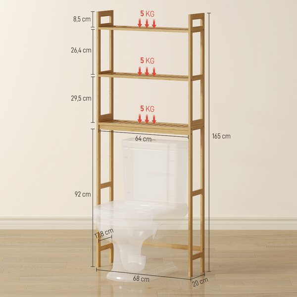 Kleankin Mobile Sopra WC Salvaspazio a 3 Ripiani Aperti a Doghe, in Bambù, 68x20x165 cm, color Bambù|Aosom