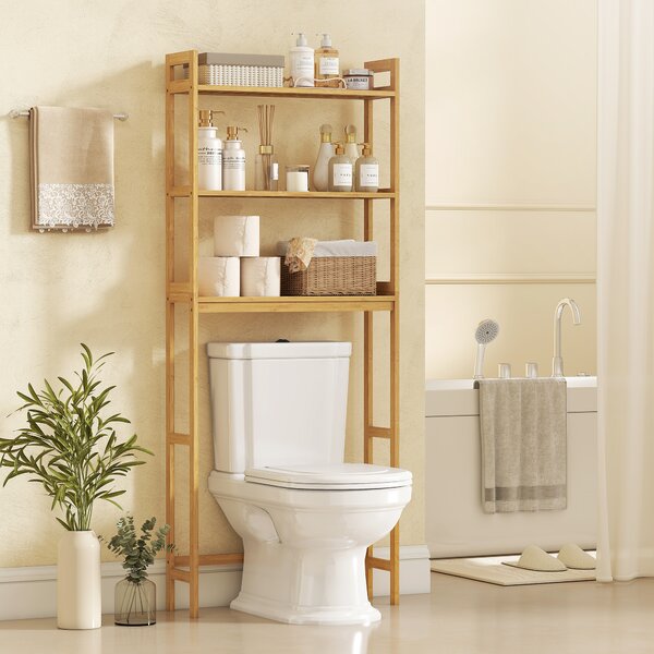 Kleankin Mobile Sopra WC Salvaspazio a 3 Ripiani Aperti a Doghe, in Bambù, 68x20x165 cm, color Bambù|Aosom