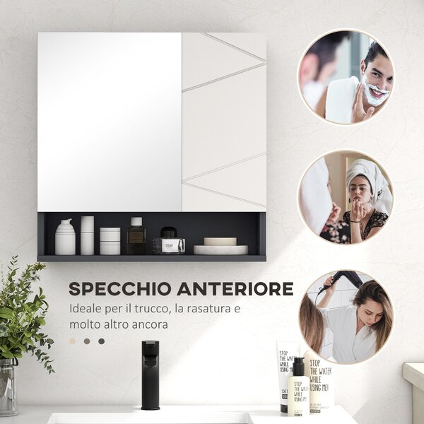 Kleankin Armadietto Bagno a Parete con Specchiera a 2 Ante e Mensole Regolabili in Legno,4 scomparti e ripiano aperto, 55x17x55cm, Grigio|Aosom Italy