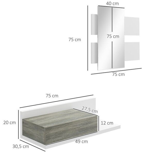 HOMCOM Set 2 Pezzi Mobile Cassetto scorrevole e Specchio da Ingresso, Design Sospeso, per soggiorno e camera, in MDF, Grigio e Bianco| Aosom Italy