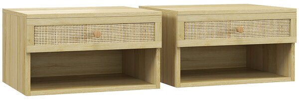 HOMCOM Set 2 Comodini con Cassetto e Ripiani Aperti in stile Nordico, in Truciolato e Rattan, 40x34x23 cm|Aosom