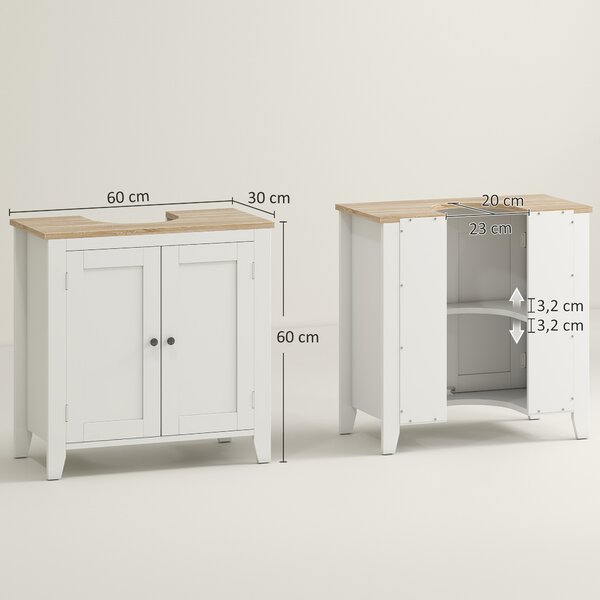 Kleankin Mobile Sottolavabo Bagno a U con Ripiano Regolabile Interno, in MDF, 60x30x60 cm, Bianco e color Legno|Aosom