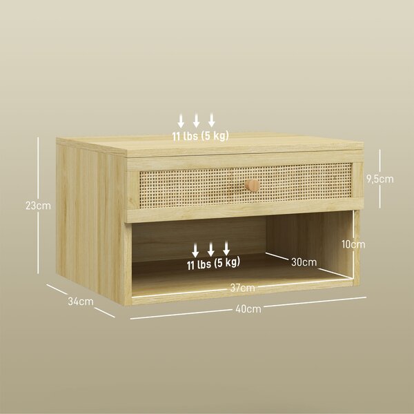 HOMCOM Set 2 Comodini con Cassetto e Ripiani Aperti in stile Nordico, in Truciolato e Rattan, 40x34x23 cm|Aosom