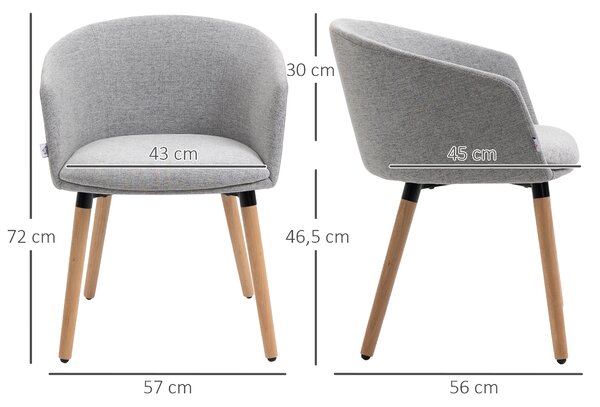 HOMCOM Sedia Moderna con Braccioli Imbottiti, in Tessuto Effetto Lino, Legno e Acciaio, 57x56x72 cm, Grigio Chiaro
