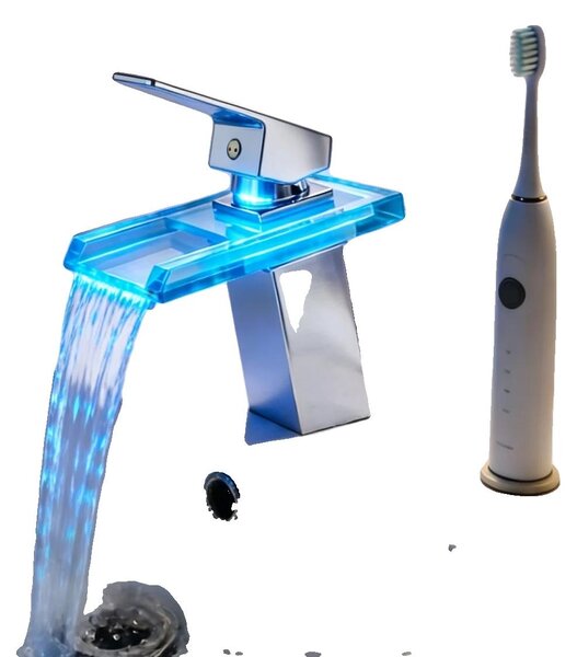 Rubinetto per cascata, realizzato in ottone e vetro, con indicatore LED per il colore della luce, controllo della temperatura, dimensioni 75mm x 173mm, montaggio a incasso, miscelatore monocomando