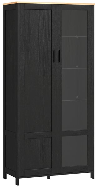 HOMCOM Mobile Dispensa Cucina in Legno a 9 Ripiani Regolabili con Ante in Vetro, 76x36x160 cm, Nero e color Legno