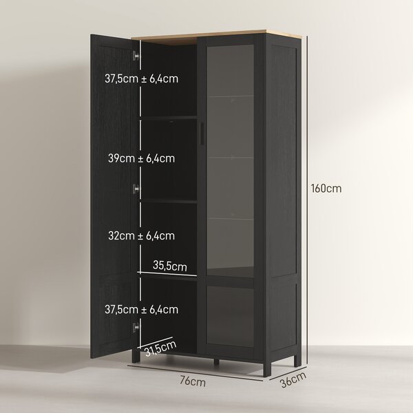 HOMCOM Mobile Dispensa Cucina in Legno a 9 Ripiani Regolabili con Ante in Vetro, 76x36x160 cm, Nero e color Legno