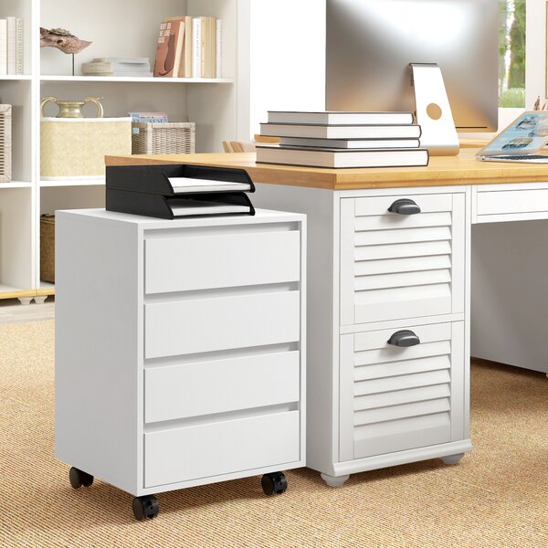 HOMCOM Cassettiera da Ufficio con 4 Cassetti e Ruote con Freno in Legno MDF, 46x40x65 cm, Bianco | Aosom Italy