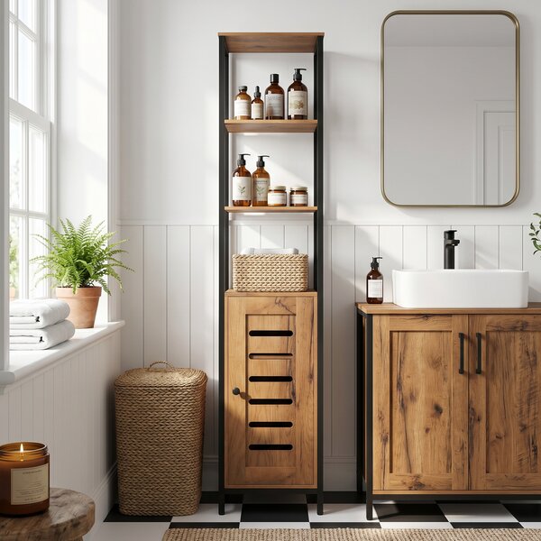 Kleankin Mobile Bagno Alto Stretto, Mobiletto Bagno Salvaspazio con Ante Soft Close a Persiana, 3 Ripiani Aperti, Ripiani Regolabili, Marrone Rustico | Aosom Italy